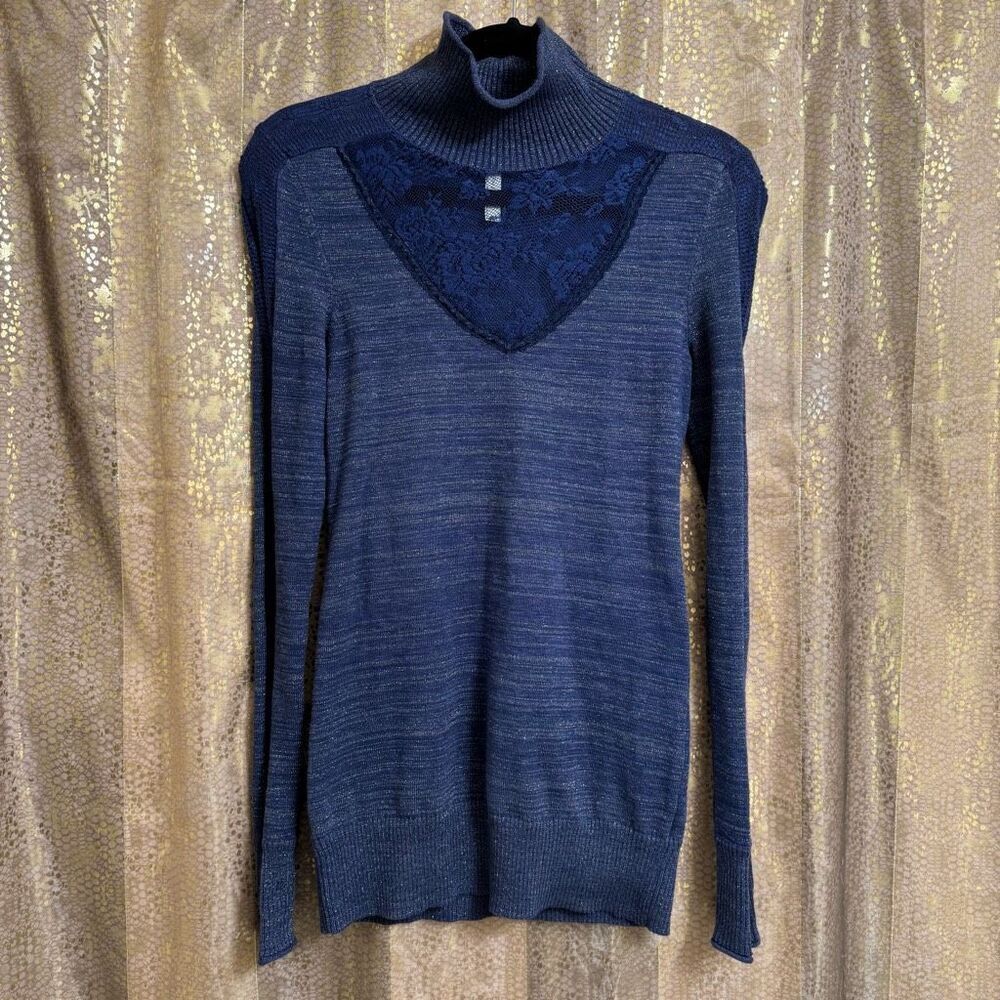Free People Navy Blue Metallic Lace Inset Turtleneck Sweater Small